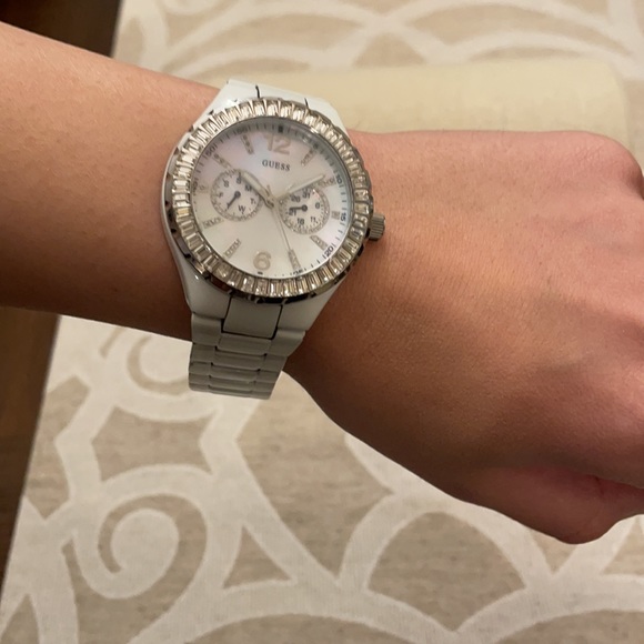 Guess Mother of Pearl Swarovski Crystal Large Face White Bracelet Watch 40mm - Picture 4 of 14